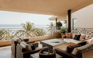 Luxury oceanview terrace with cushioned seating at Penthouse Punta Mita 3-1 in Hacienda de Mita
