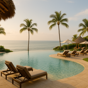 Luxury infinity swimming pool with sun loungers and palm trees overlooking the Pacific Ocean in Punta Mita