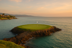 Golf course on a coastal cliff during sunset with ocean view.